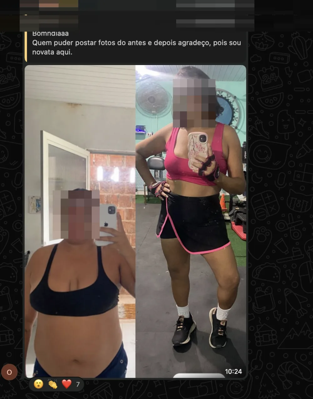 Print de cliente com fotos antes e depois enviadas ao grupo