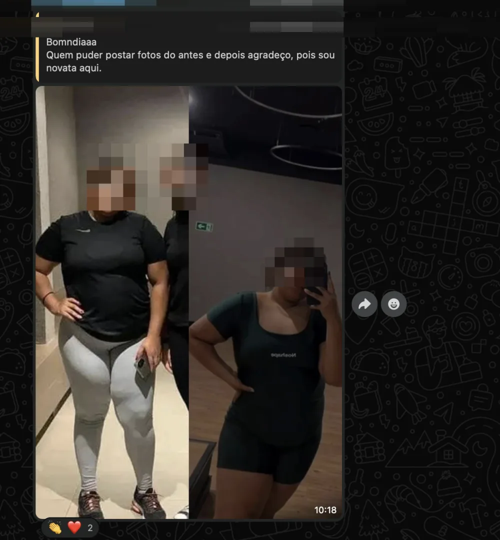 Print de cliente com fotos antes e depois do acompanhamento