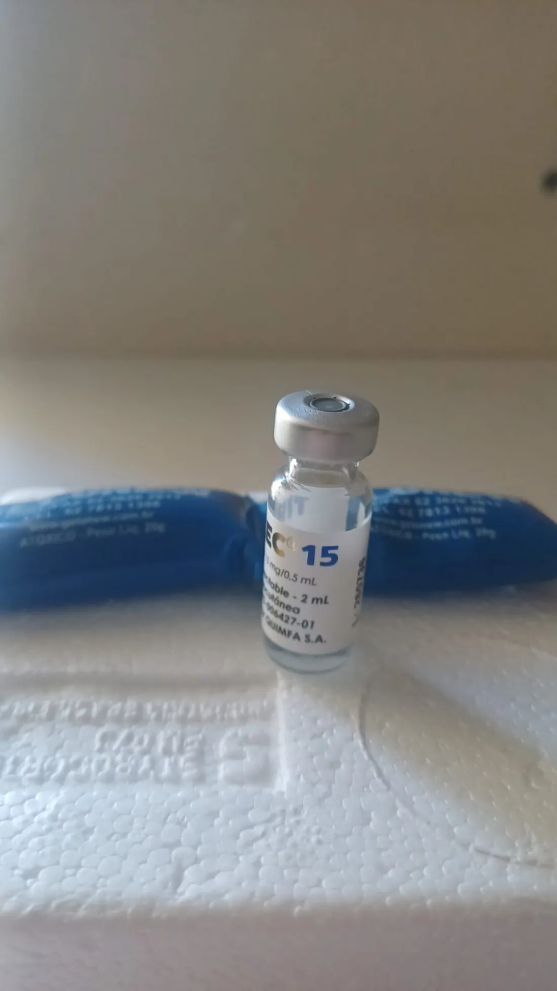 Frasco de Tirzec 15 apoiado sobre a caixa térmica com bolsas de gelo