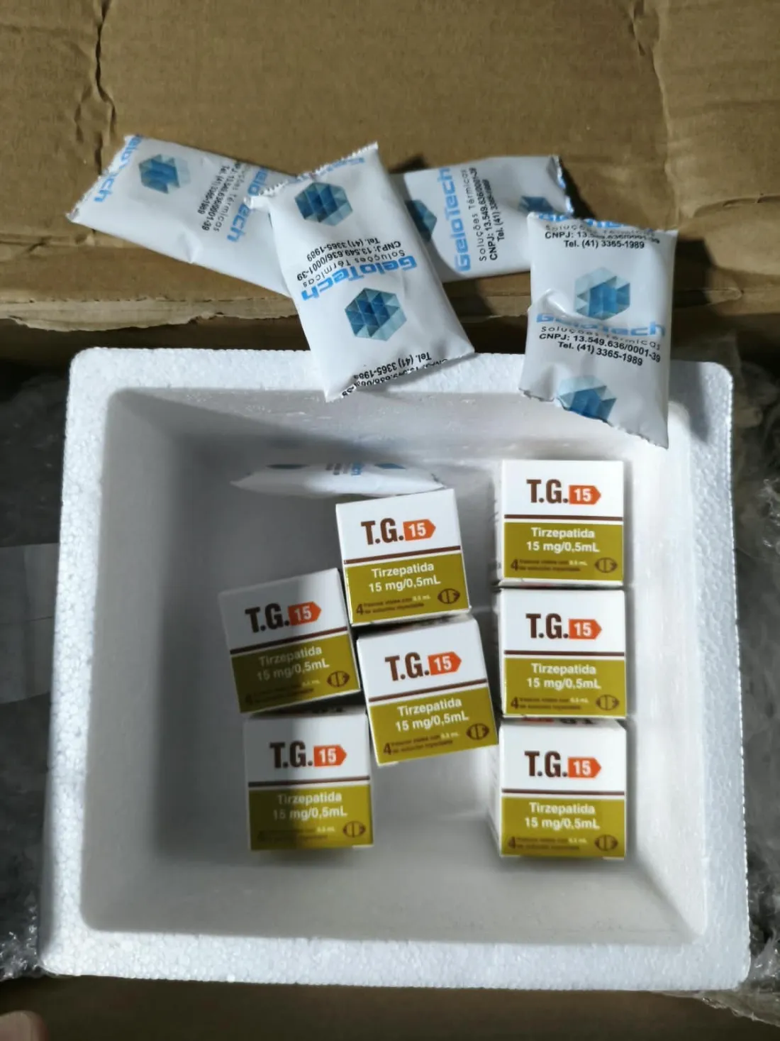 Sete caixas de T.G. 15 acomodadas na caixa térmica com bolsas de gelo